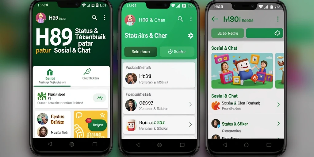 Antarmuka H89 menampilkan berbagai stiker dan status yang menarik.