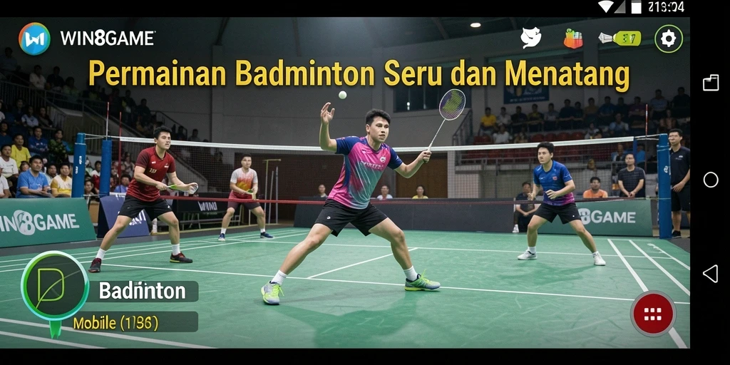 Antarmuka game WIN8GAME yang menampilkan aksi badminton.